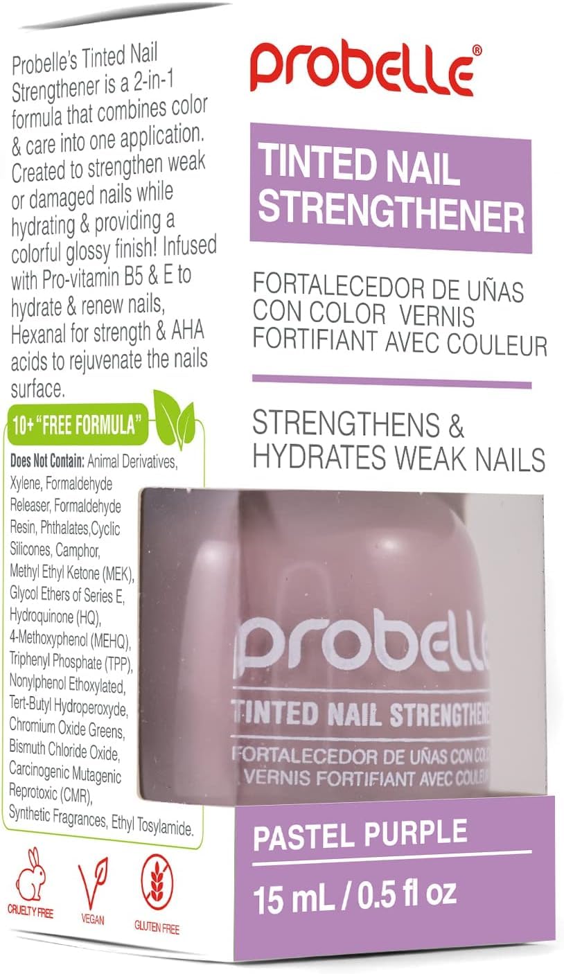 Probelle Tinted Nail Strengthener, Colored Nail Strengthening Treatment, Nail Growth and Repair, Stops Peeling, Splits, Chips, Cracks, and Strengthens Nails (0.5 Fl Oz (Pack of 1), Pastel Purple)
