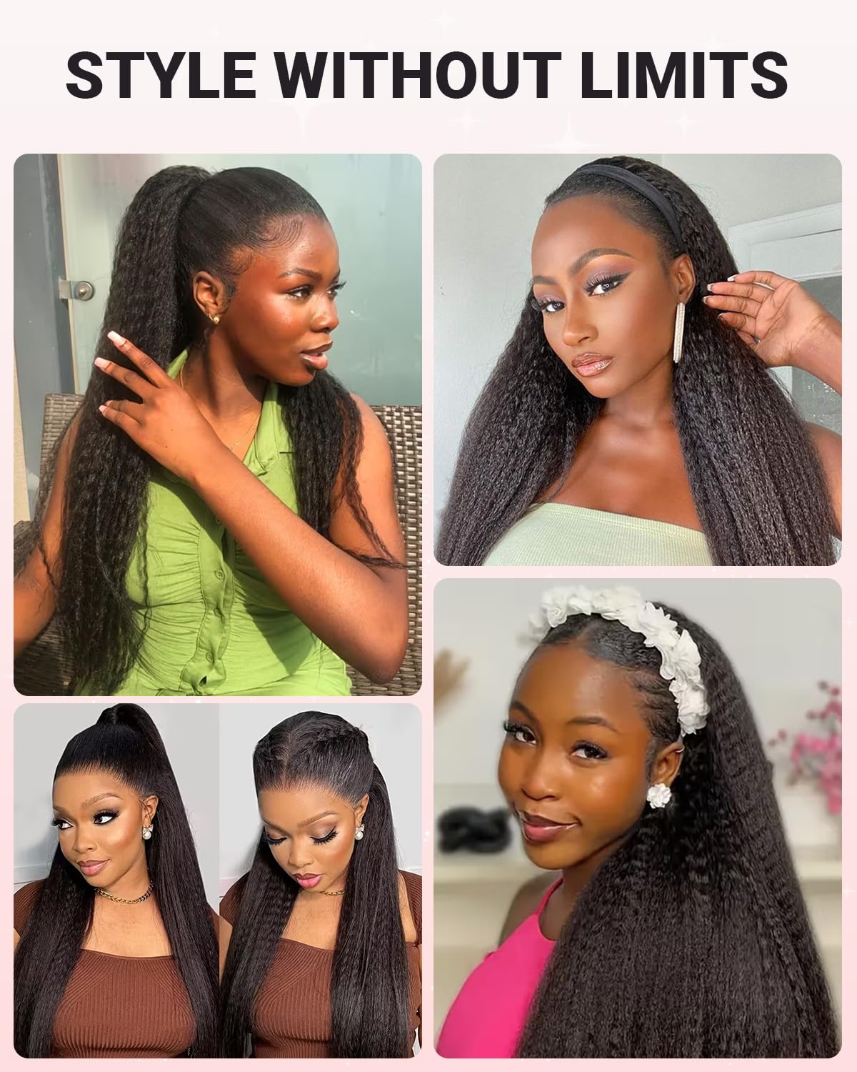 Kinky Straight Half Wig 3 In 1 Synthetic Half Wigs With Adjustable Drawstring Soft As Human Hair Glueless Seamless Flip Headband Wig For Black Women (Black, 22 Inch)