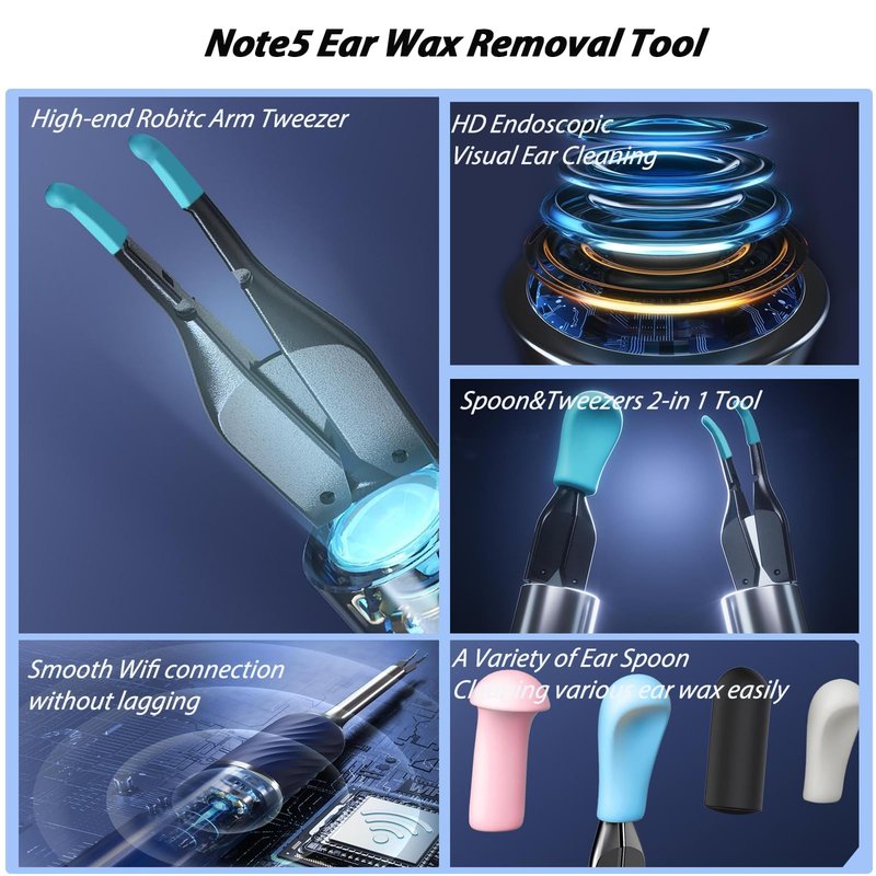 KWYBOW Note5 Ear Wax Tweezers with Camera, 10MP Ear Cleaner Camera Otoscope with Light,Real-time Remote Video with Ear Pick & Tweezers,12 Pcs Ear Scoops for Whole Family