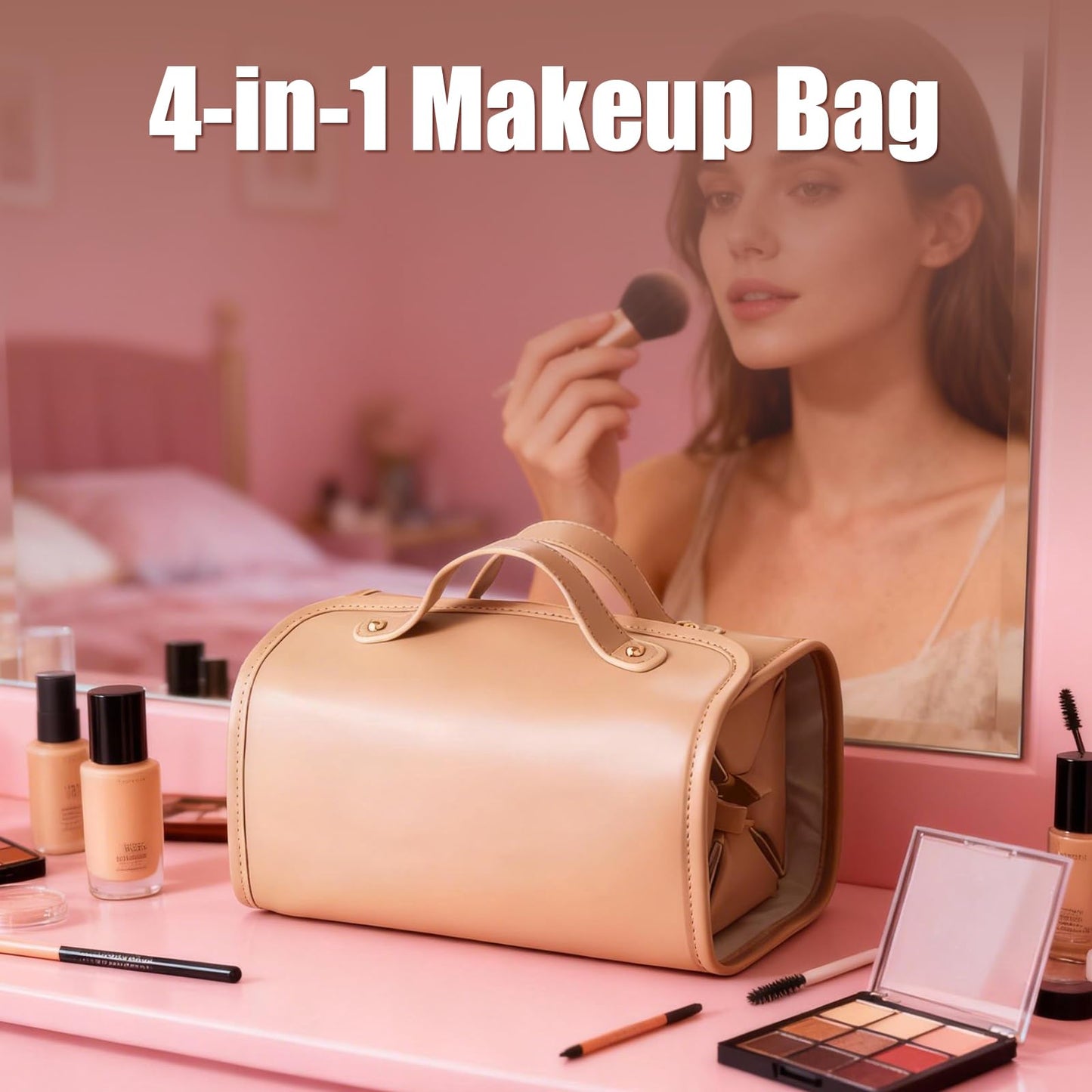 LuyaVogue Large Expandable Makeup Bag, 4-in-1 Waterproof Makeup bag, Cosmetic Bag with Detachable Interior Pockets, Ideal for Women Travel Essentials(Brown)