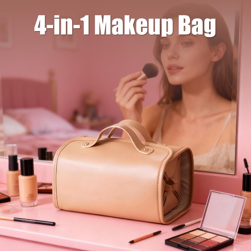 LuyaVogue Large Expandable Makeup Bag, 4-in-1 Waterproof Makeup bag, Cosmetic Bag with Detachable Interior Pockets, Ideal for Women Travel Essentials(Brown)