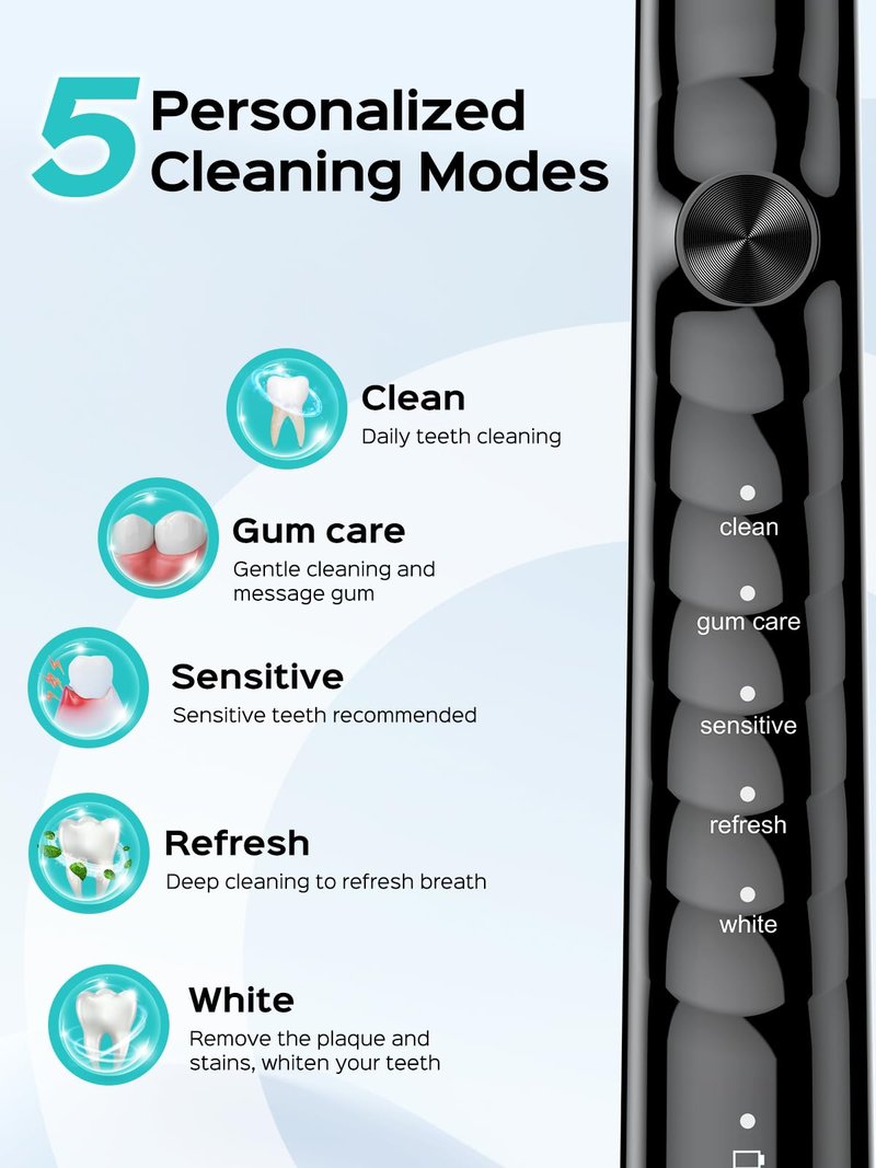 COSLUS C40 Sonic Electric Toothbrush for Adults: 47000 VPM for Deep Cleaning & Whitening with Travel Case - 5 Modes for Sensitive Teeth & Braces, Wireless Charging, 6 Brush Heads, Black & Pink (2PCS)