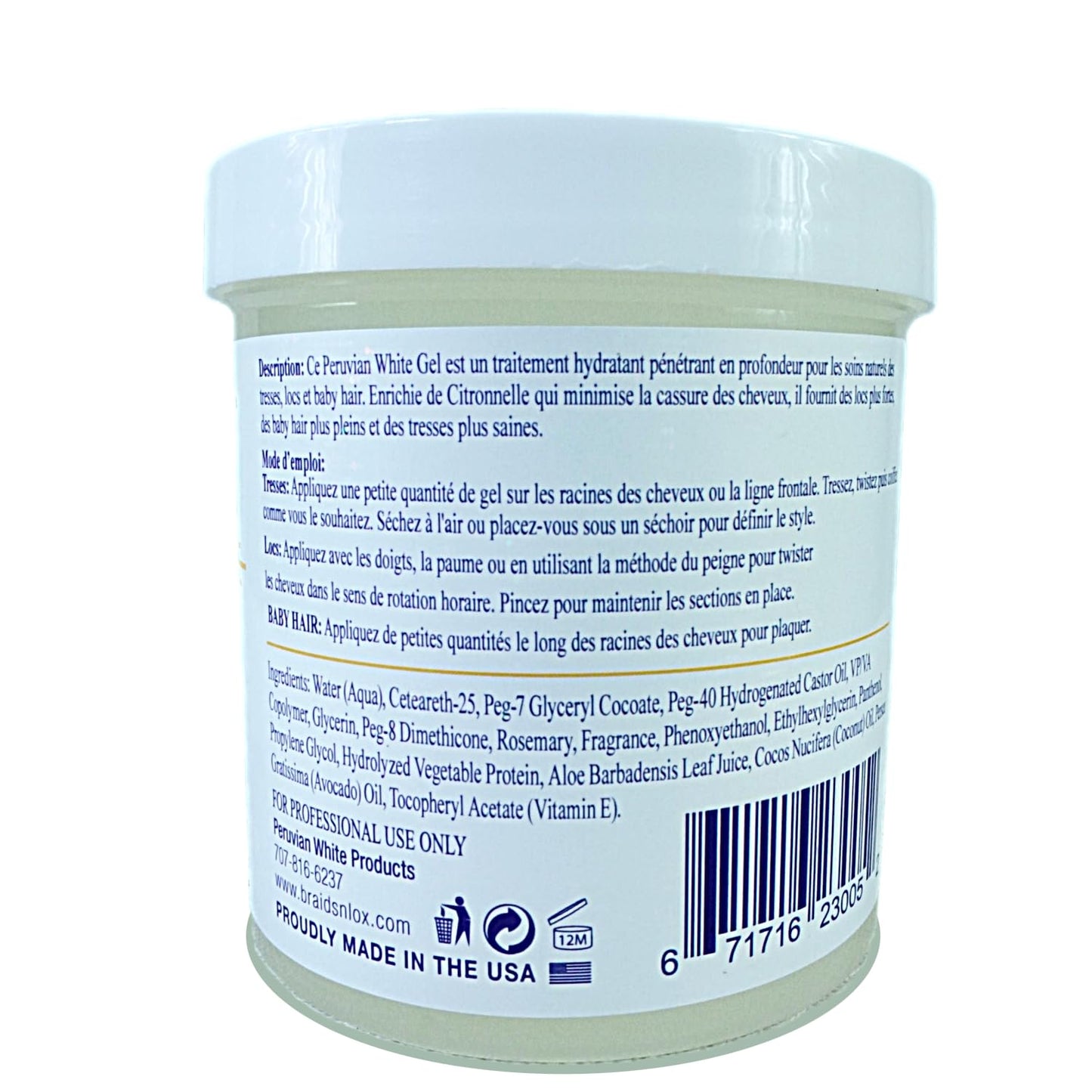 Peruvian white Braid, Loc, and Edge Gel EXTRA HOLD for Relaxed & Natural Hair, 16 oz. (Rosemary)