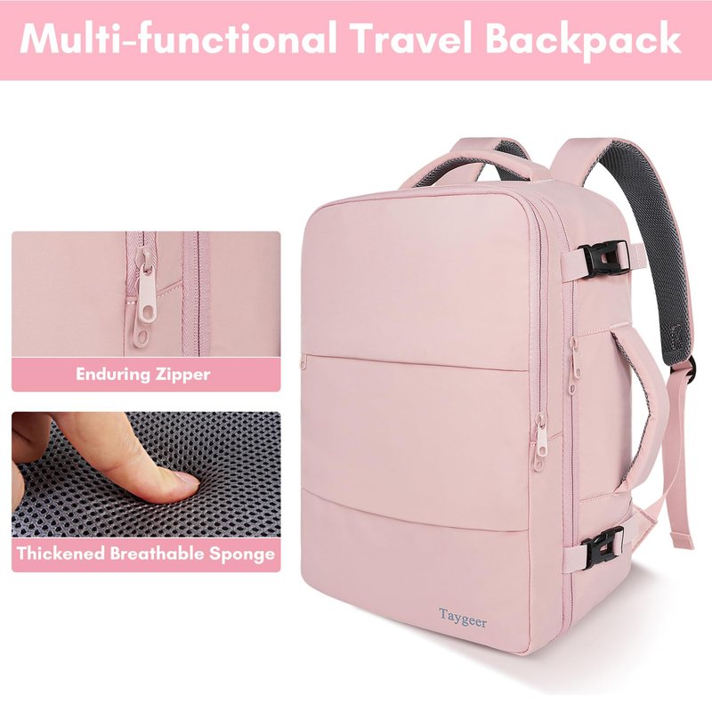 Taygeer Travel Backpack for Women, Carry On Backpack with Water Bottle Pocket & Shoe Pouch, TSA 15.6inch Laptop Mochila Flight Approved, Nurse Bag Casual Daypack for Weekender Business Hiking, Pink