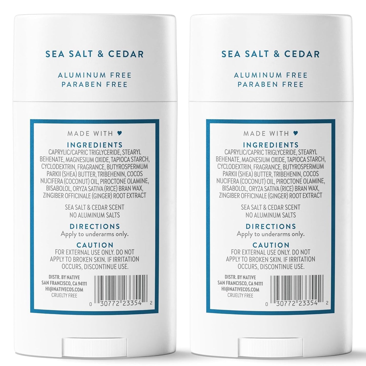 Native Deodorant Contains Naturally Derived Ingredients, 72 Hour Odor Control, Deodorant for Women and Men, Aluminum Free, Sea Salt & Cedar 2.3 oz (Pack of 2)