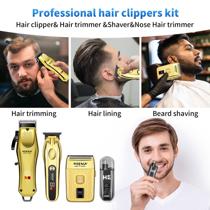 HIENA PRO Hair Clippers for Men Professional, Cordless Barber Clipper & T-Blade Beard/Hair Trimmer Set, Electric Razor Foil Shaver Nose Trimmer Barber Kit, Men's Hair Cutting Kit (Gold)