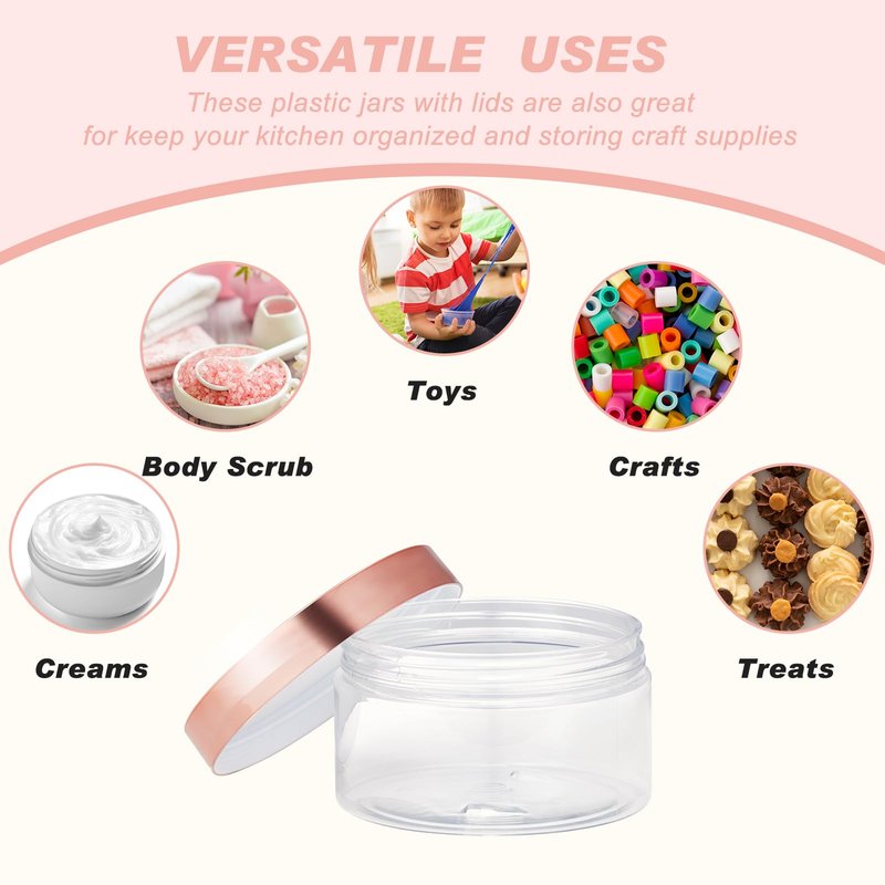Dandat 24 Pcs 2/4/6/8/10/12oz Plastic Clear Jar Container with Rose Gold Lid and Label, Empty Round PET Cosmetic Jars for Lotion, Cream, Body Butter, Makeup (4oz, Clear Jar with Rose Gold Lid)
