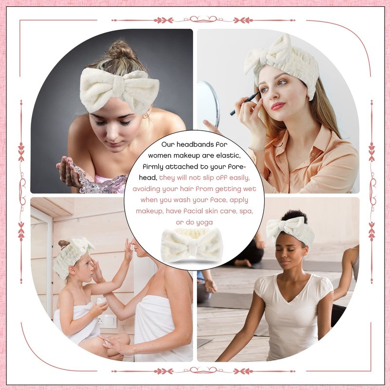 Yunlly 20 Pcs Spa Headband for Women 4 Inches Width Facial Makeup Hair Band Bulk Skincare Headbands for Washing Face Bowtie Slumber Party Supplies Fluffy Head Wraps(Beige)