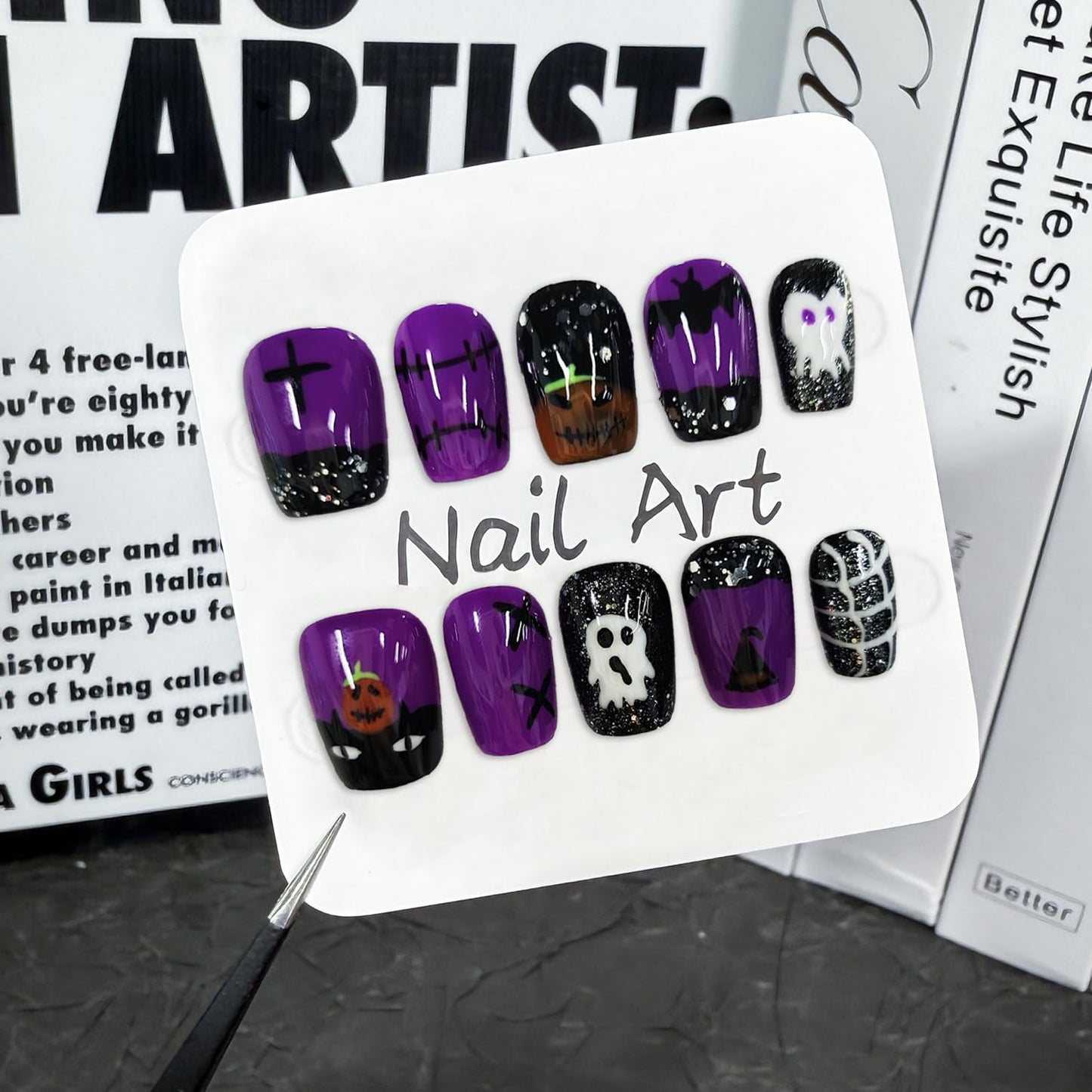 Christmas Press-On Nails - Short Square Gel Full Cover with Reindeer & Santa Designs