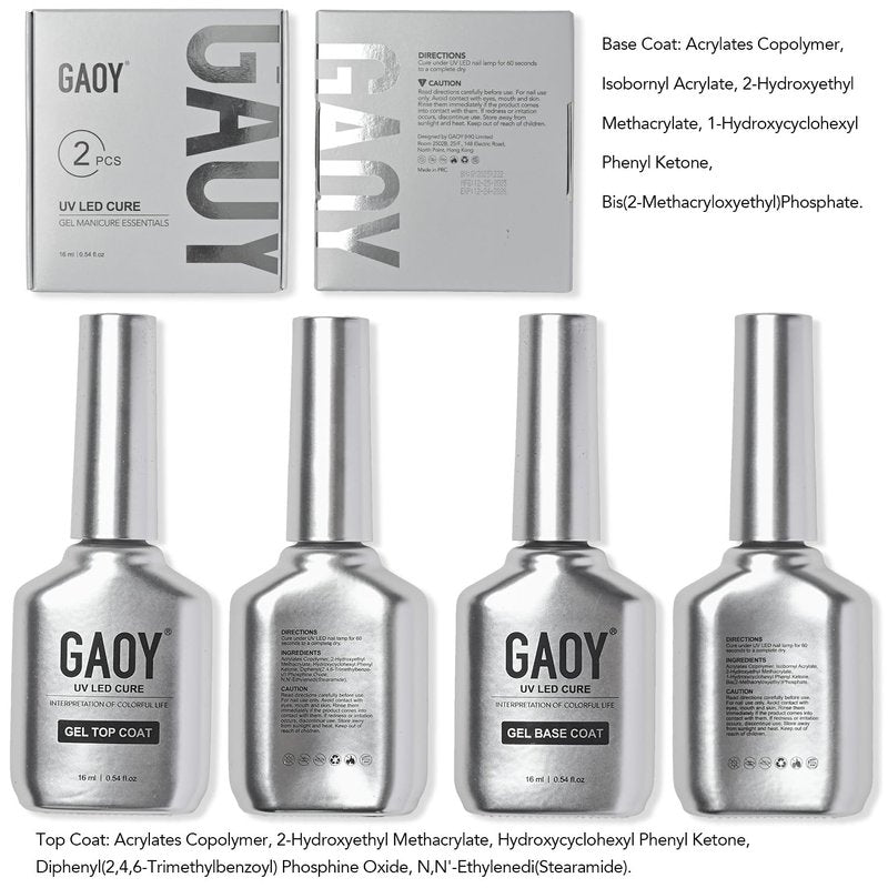 GAOY 16ml 2 Pcs Glassy Gel Top Coat and Base Coat Set,No Wipe Foundation Combination for UV Light Cure Nail Polish