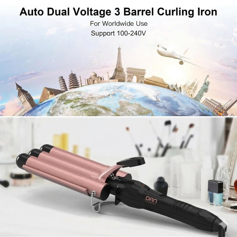Hair Crimper 1 Inch, 2 Heat Settings 320°F/410°F, Ceramic Triple Hair Waver for Beach Waves, Dual Voltage 110-240V, Auto Shut-Off, Glove Included, Rose Gold