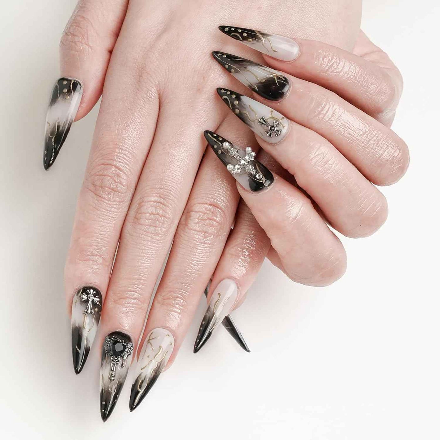 Colorful Handmade Press-On Stiletto Nails with 3D Devil Eyes - 10 Pcs Set for Women