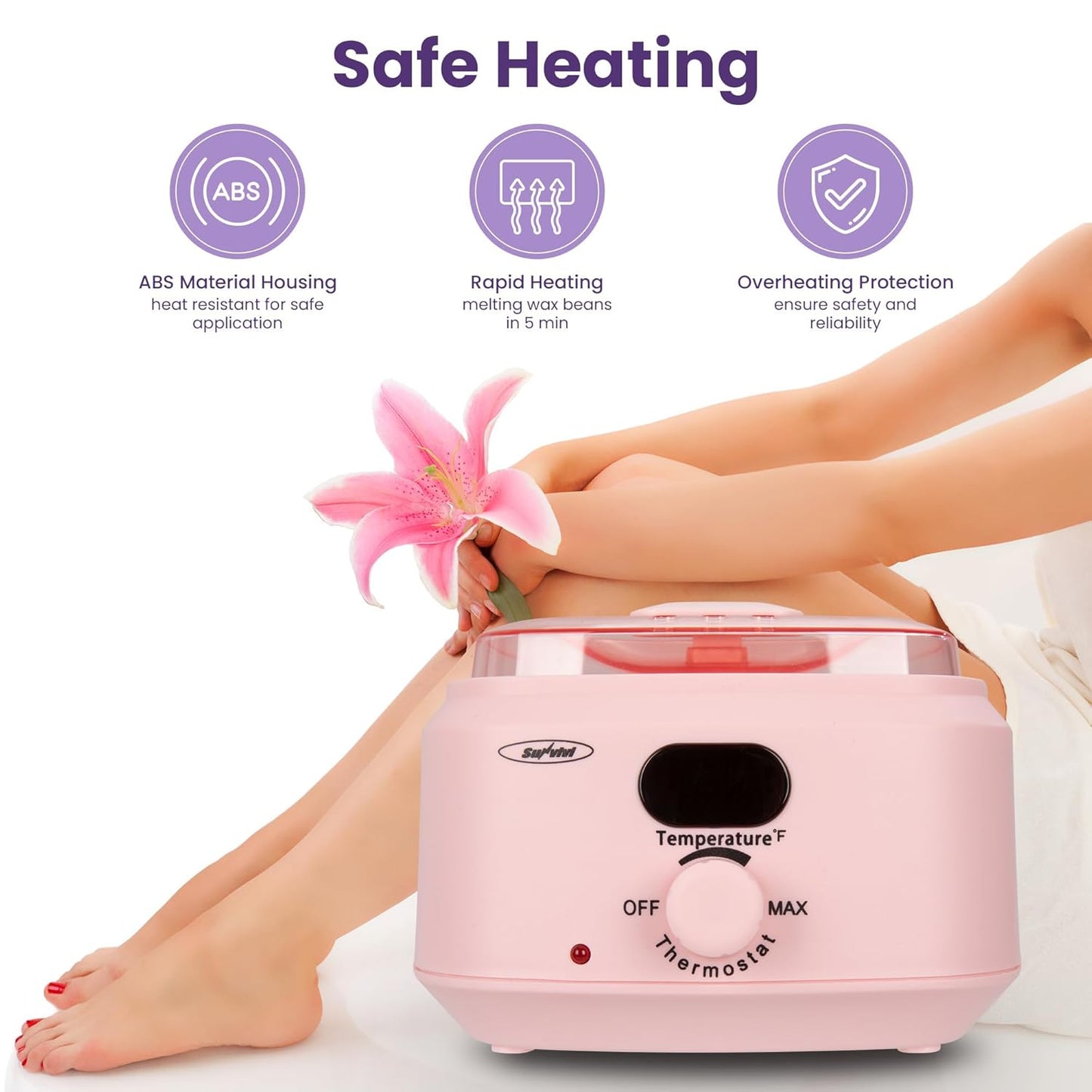 Brazilian Waxing Kit - Hard Wax Warmer with 5 Beads | Digital Display for Full Body, Legs, Face, Bikini, Sensitive Skin - Pink