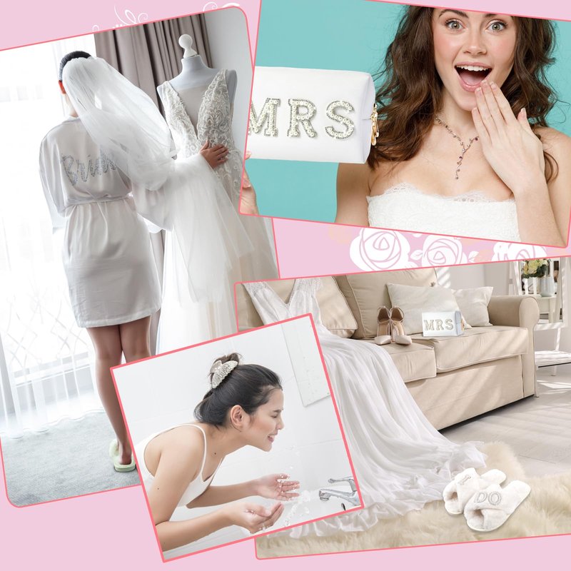 Tkifoda Bride to Be Gift Set - I Do Bride Slippers, Robe, Hair Claw, Makeup Bag - Bridal Shower & Wedding Gift