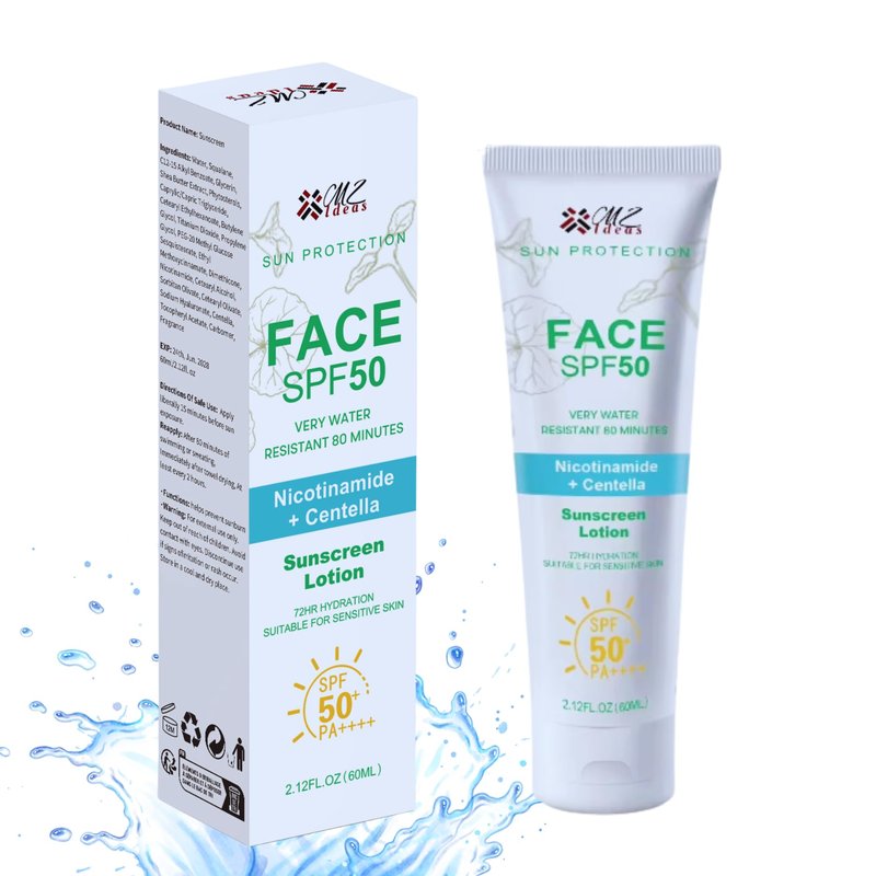 MZ Ideas Face Sunscreen SPF 50 PA+++,Very Water Resistant 80 Minutes, with Niacinamide, Centella, 72H Hydration for sensative skin, 2.12 fl oz