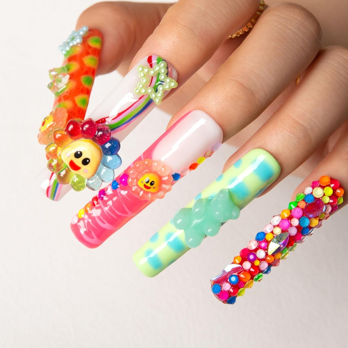 Colorful Handmade Press-On Nails with Lovkashi Flower Design | Reusable Long Square Acrylic Nails 2.2 in