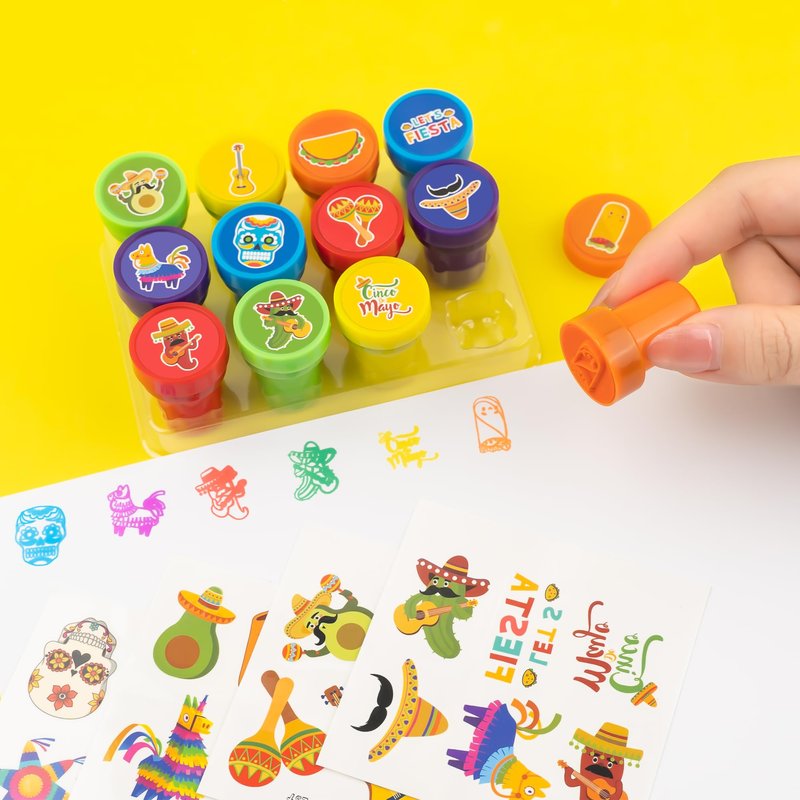 36PCS Fiesta Party Favors - 24PCS Temporary Tattoos & 12PCS Stamps - Ideal Mexican Cinco de Mayo Taco Themed Birthday Card Decorations Supplies Goodie Bag Cute Rewards for Boys Girls Kids Gifts Prizes