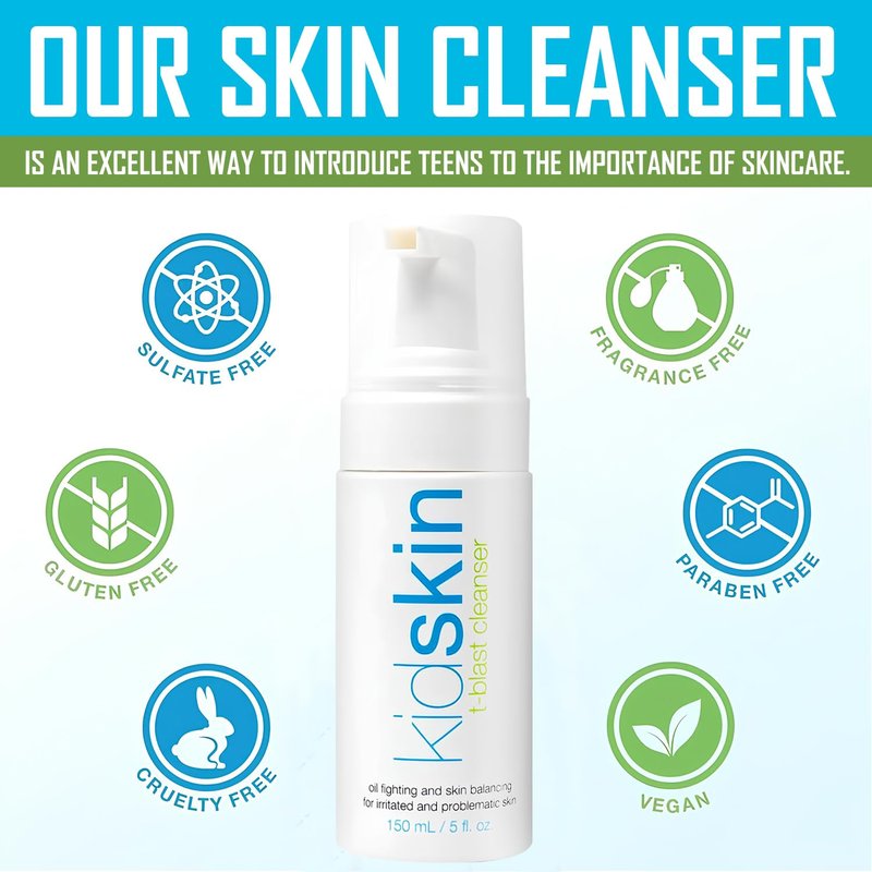 Kidskin T-Blast Facial Cleanser, Gentle Face Wash with Tea Tree Oil, Spot Skin Care for Kids and Teens, Non-Drying Natural Cleanser for Oily or Dry, Acne-Prone Skin, 150 ml 5.0 fl oz.