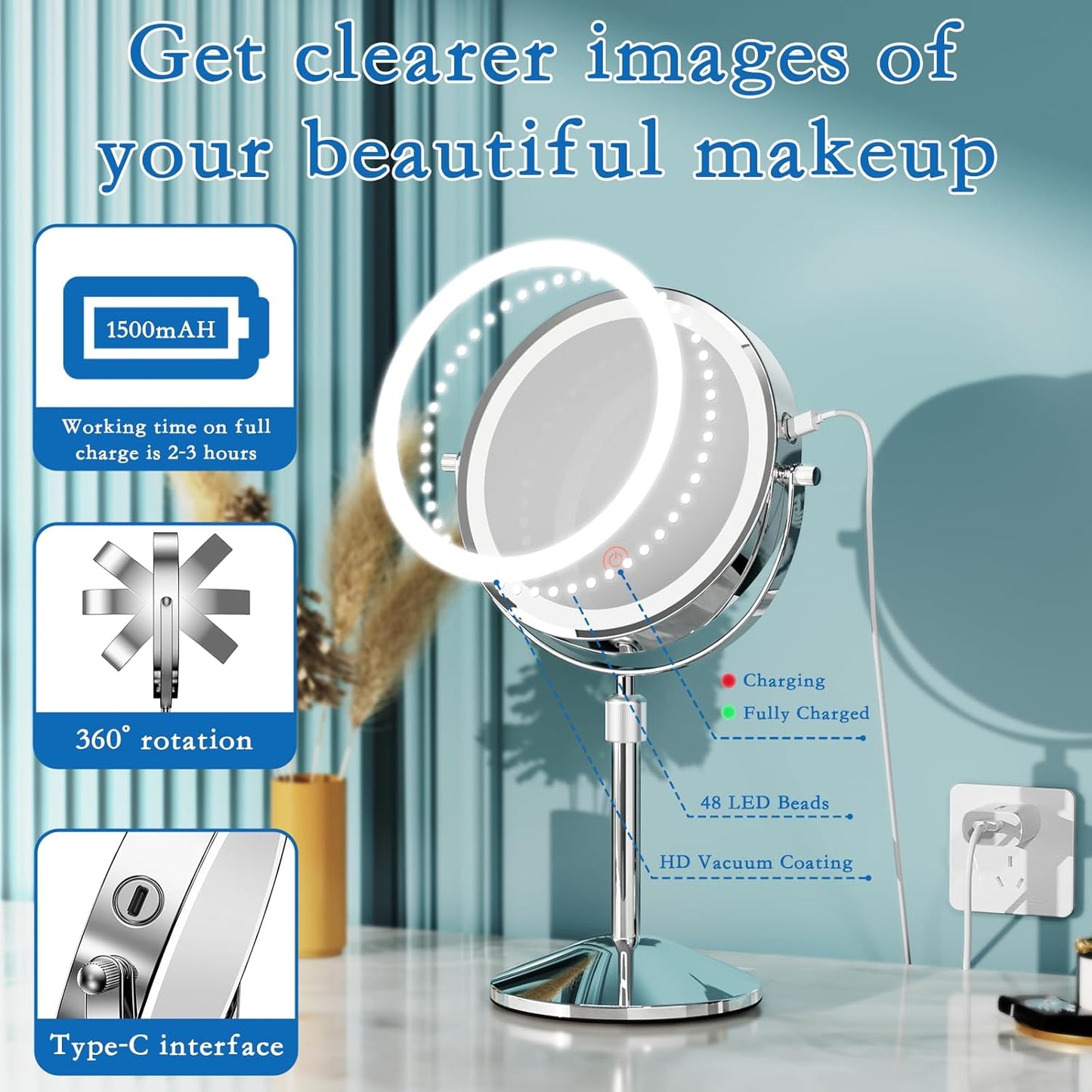 Vanity Mirror with Lights - Rechargeable 1x/10x Double-Sided Makeup Mirror | Adjustable Height & 360° Rotation