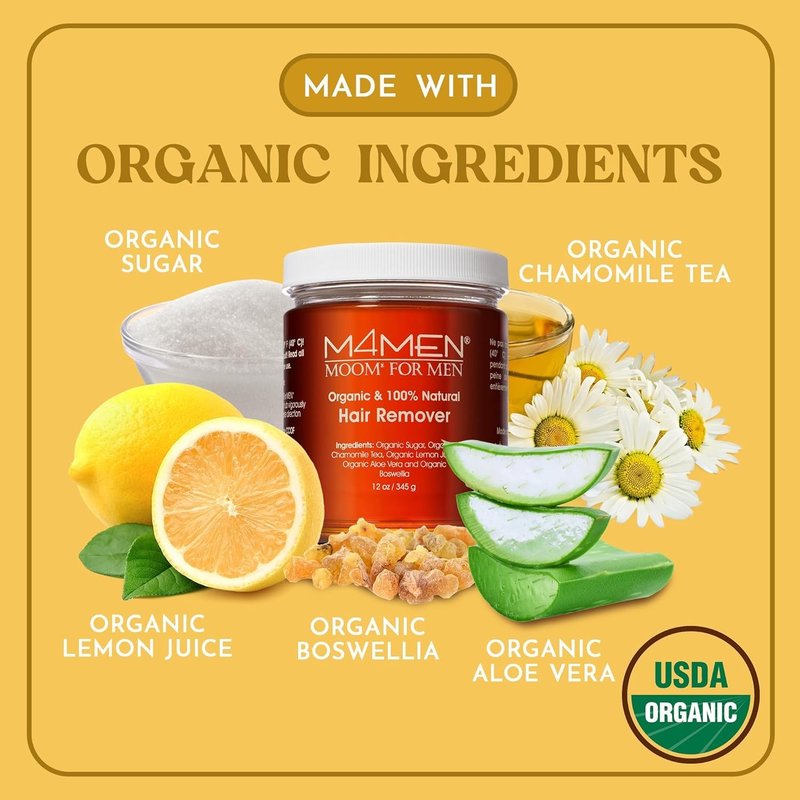 MOOM USDA Organic Sugar Wax Hair Removal for Men, 12 oz Wax Jar, Sugaring Hair Wax with Aloe Vera & Chamomile - Body, Leg, Chest & Face wax - Soft Wax for Sensitive Skin (Strips & Sticks Not Included)
