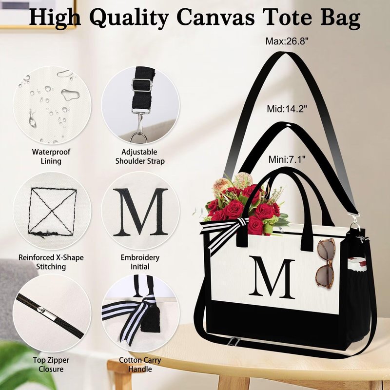 YOOLIFE Birthday Gifts for Sister - Initial Canvas Tote Bag & Makeup Bag, Letter D