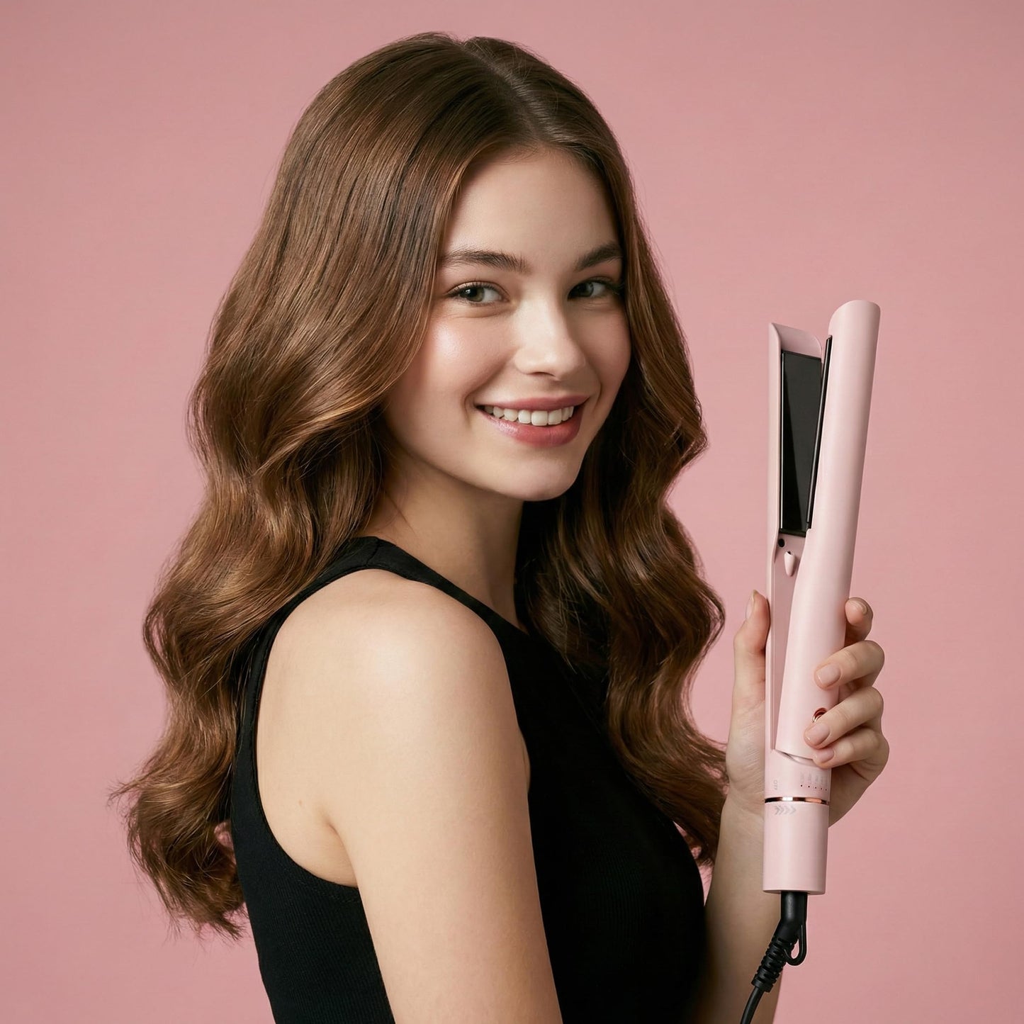 Rozamor Hair Straightener and Curler 2-in-1, Pink Titanium Flat Iron,1 Inch Anti-Scald Styler Infrared Negative Ions, Long-Lasting Hairstyles, Dual Voltage