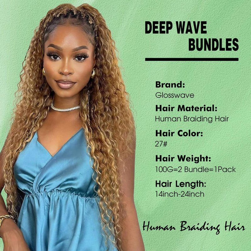Deep Wave Bulk Human Braiding Hair 100g 16 Inch 2 Bundles Blonde Human Braid Hair for Boho Braids No Weft Color 27 Curly Brazilian Braiding Hair Extensions for Micro Braid
