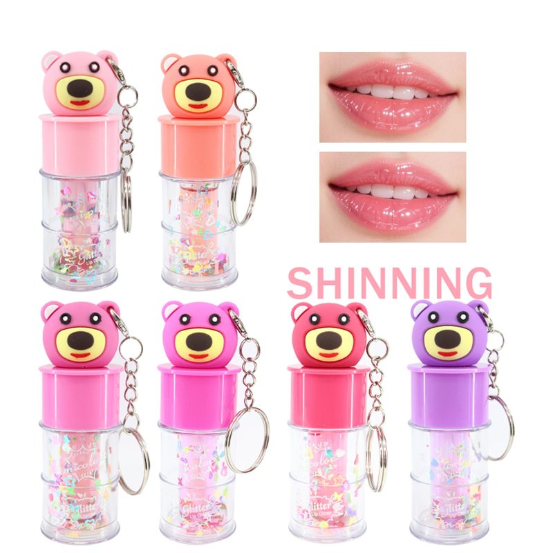 DENESTUP 6 Pcs Hydrating Lip Gloss Set, Shimmer Glossy Moisturizing Lip Jelly Sequins and Sparkles Lip Make-Up for Women Party Gift Cute Bear Keychain Design
