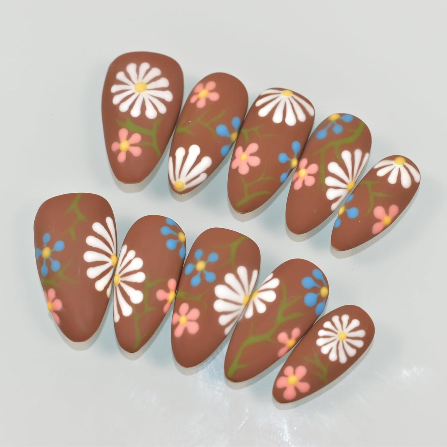3D Blue Almond Press-On Nails with Carved Flower & Bubble Pearl - Handmade Acrylic Manicure, Medium Size