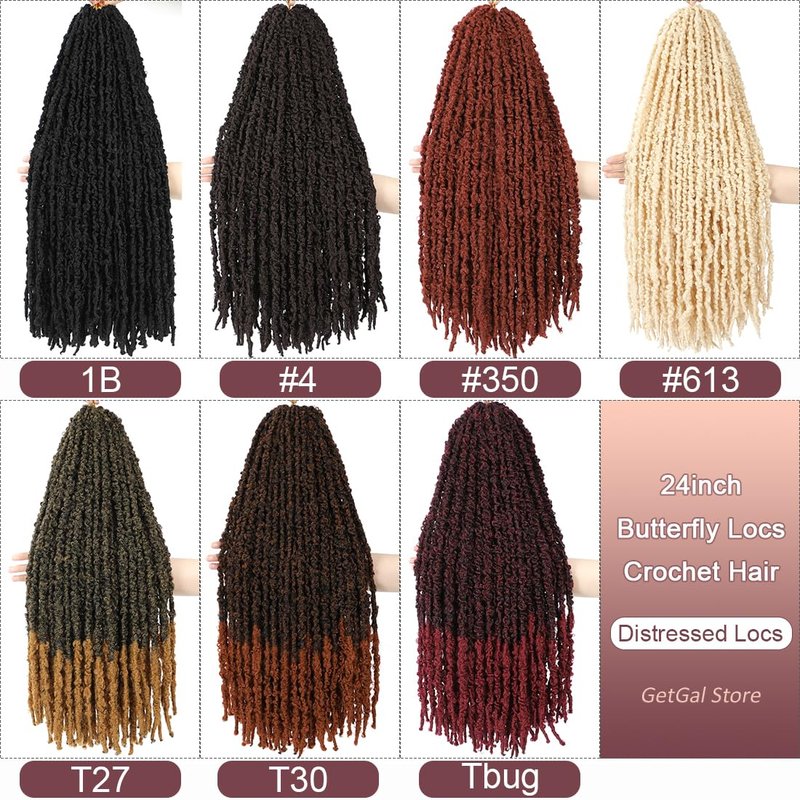 GetGal 24 inch Butterfly Locs Crochet Hair Pre Looped Distressed Faux Locs Crochet Hair for Black Women 6 Packs Butterfly Soft Locs Natural Hair Extension(24inch,1B)