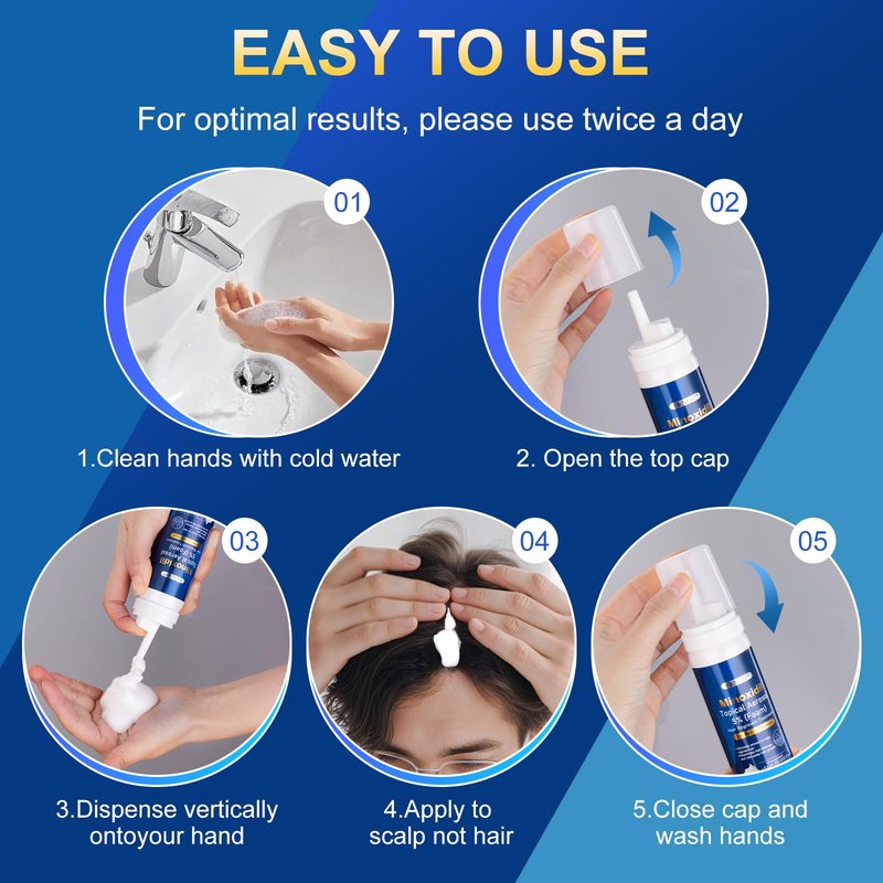 5% Minoxidil Foam 5 PCS for Men - Infused with Biotin, Hair Regrowth Treatment for Longer, Fuller Hair and Beard (5-6 Month Supply)