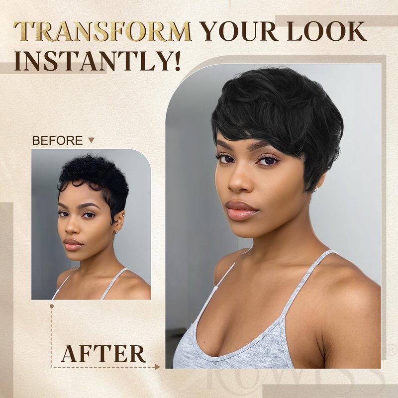 RUWISS Pixie Cut Wig Human Hair – Short Wigs for Black Women with Bangs, Natural Layered Wavy Wig, Glueless(1B/4#0829)