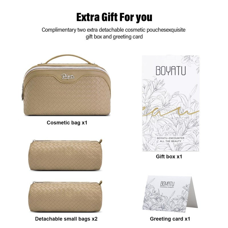 BOYATU Travel Makeup Bag Cosmetic Bags for Women: Large Capacity 3 Pcs Set Make up Bag with Compartments - Waterproof Vegan Leather Toiletry Organizer Bags with Handle (L12 Apricot)