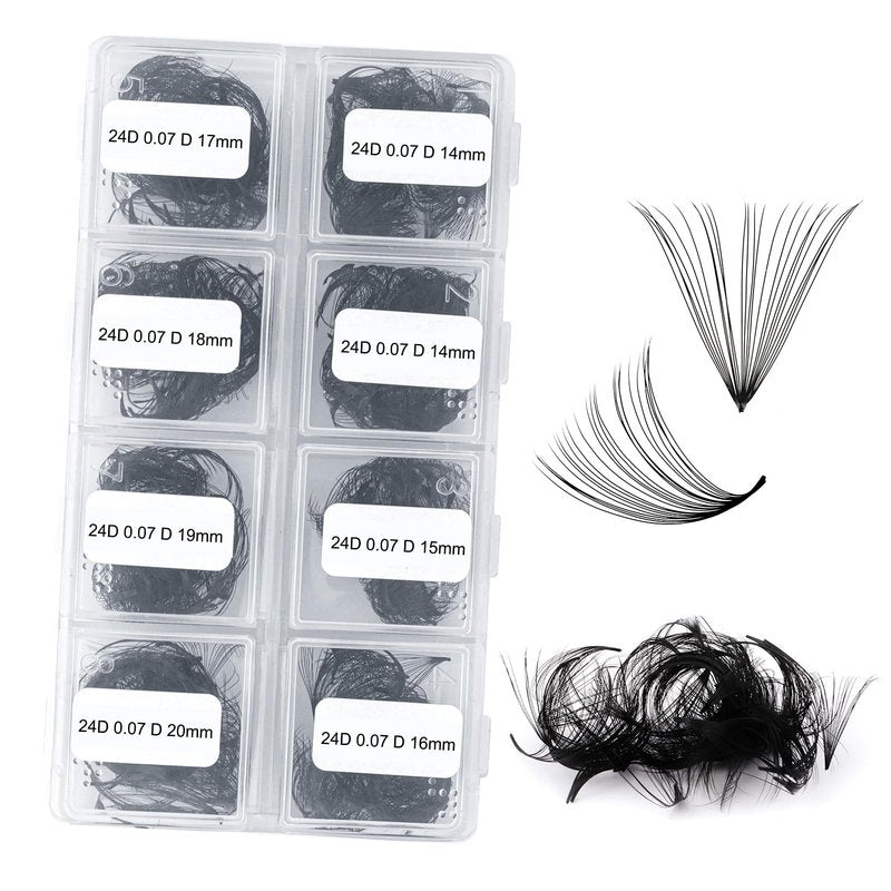 FADLASH Volume Lash Extensions 600pcs 24D Premade Fans Eyelash Extensions D Curl Pointy Base Pre Made Fans Lash Extension Mixed Tray Eyelash Extension Premade Fans (24D-0.07D-14-20mm), Black