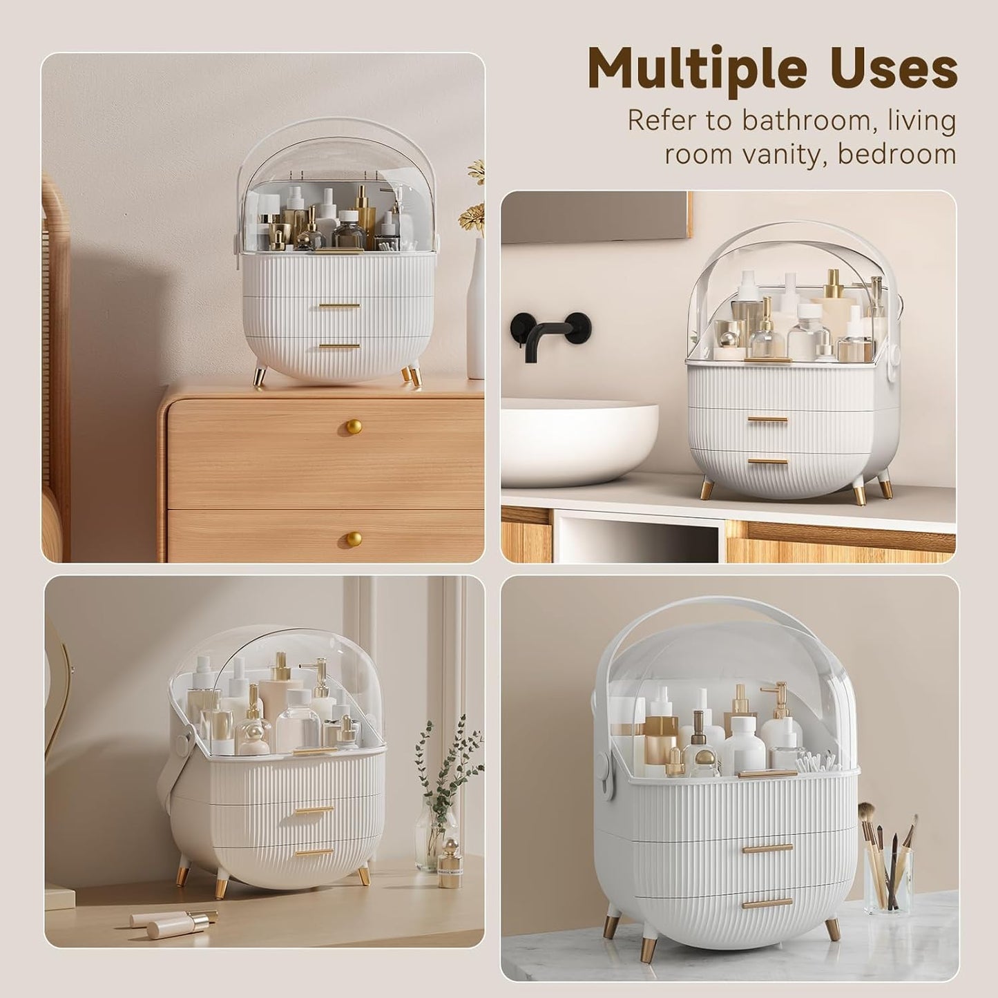 Makeup Organizer for Vanity - Countertop Cosmetic Storage with Drawers & Clear Cover | White