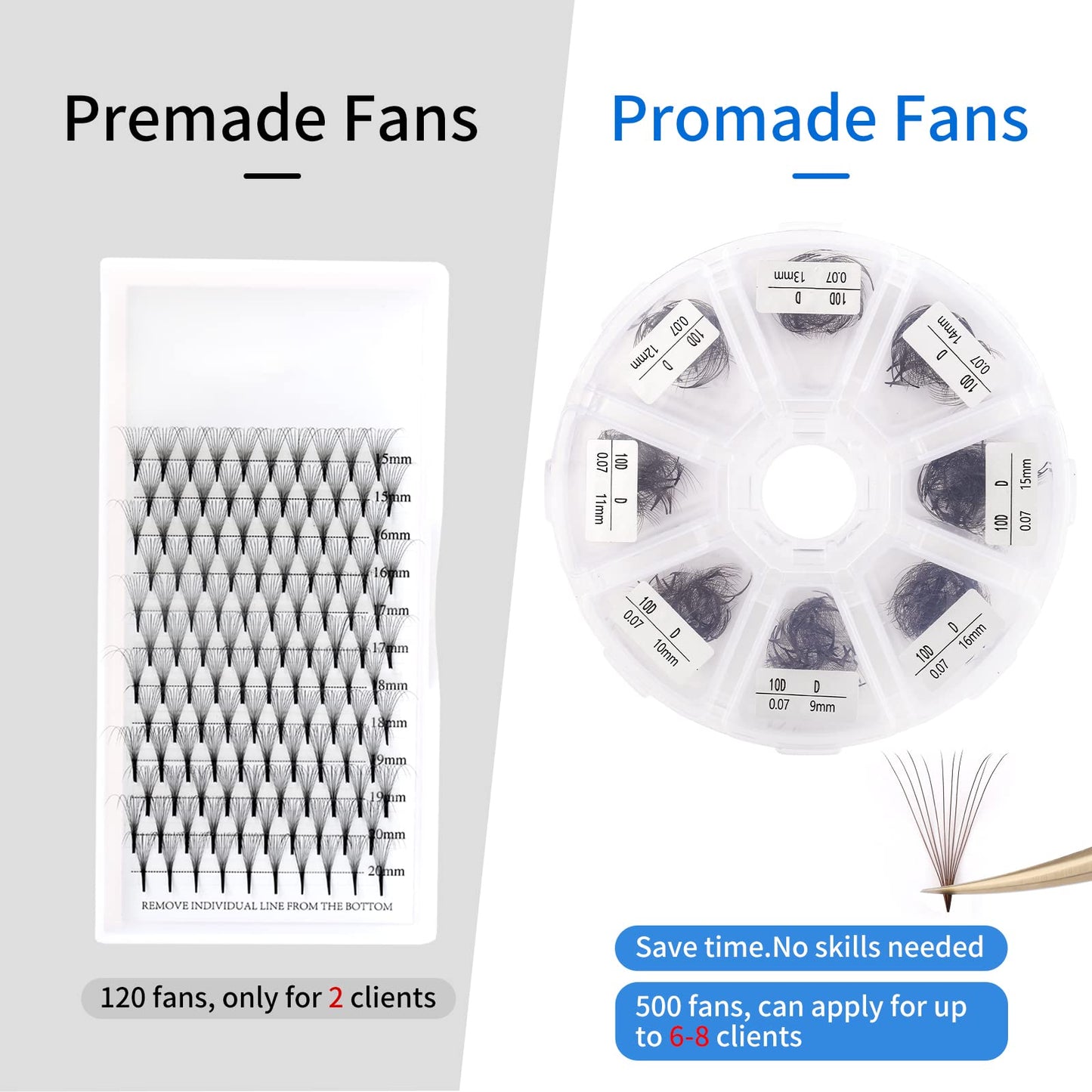 Premade Brown Eyelash Extension 500 Fans Handmade Loose Volume Lashes 10D Pre-made Fans 0.07mm C/D Curl 13-20mm Mixed Volume Eyelash Extensions (500PCS-10D-0.07-D, 13-20mm MIXED)