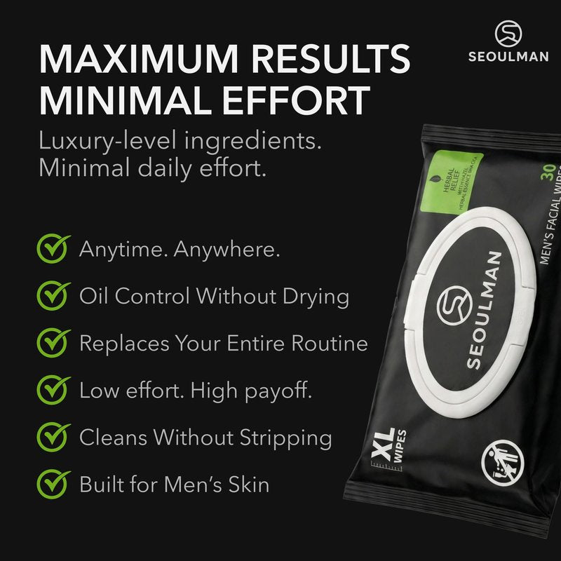 Seoulman Face Wipes for Men – All-In-One Skincare Cleansing Wipes with Niacinamide, Cica & Hyaluronic Acid – Alcohol-Free, pH Balanced – Extra Large, 30 Count