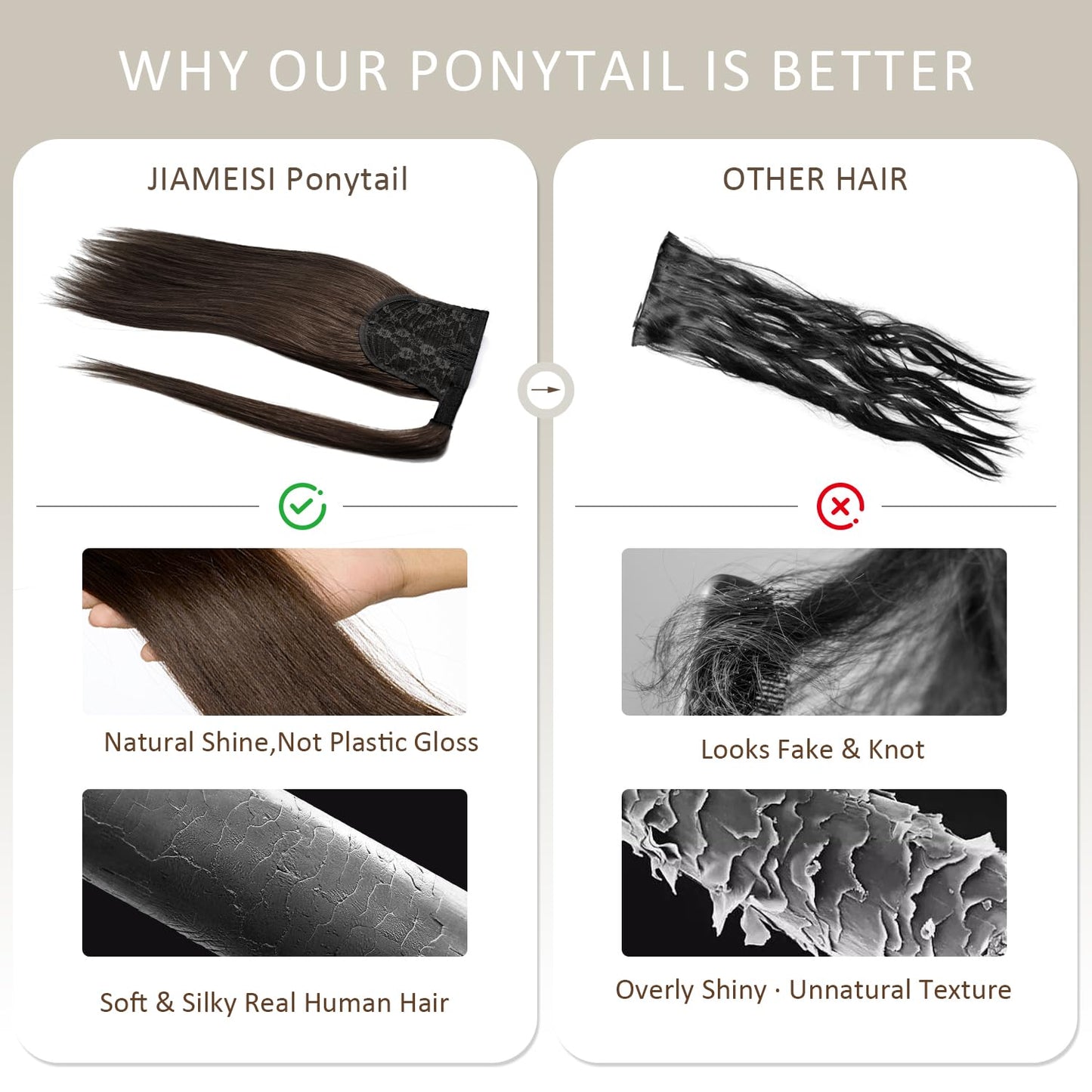 JIAMEISI Ponytail Extension Human Hair Wrap Around Clip in Hair Piece Ponytail Extension Human Hair Straight Ponytail Hair Extensions with Magic Paste 70G 16 Inch #2 Darkest Brown