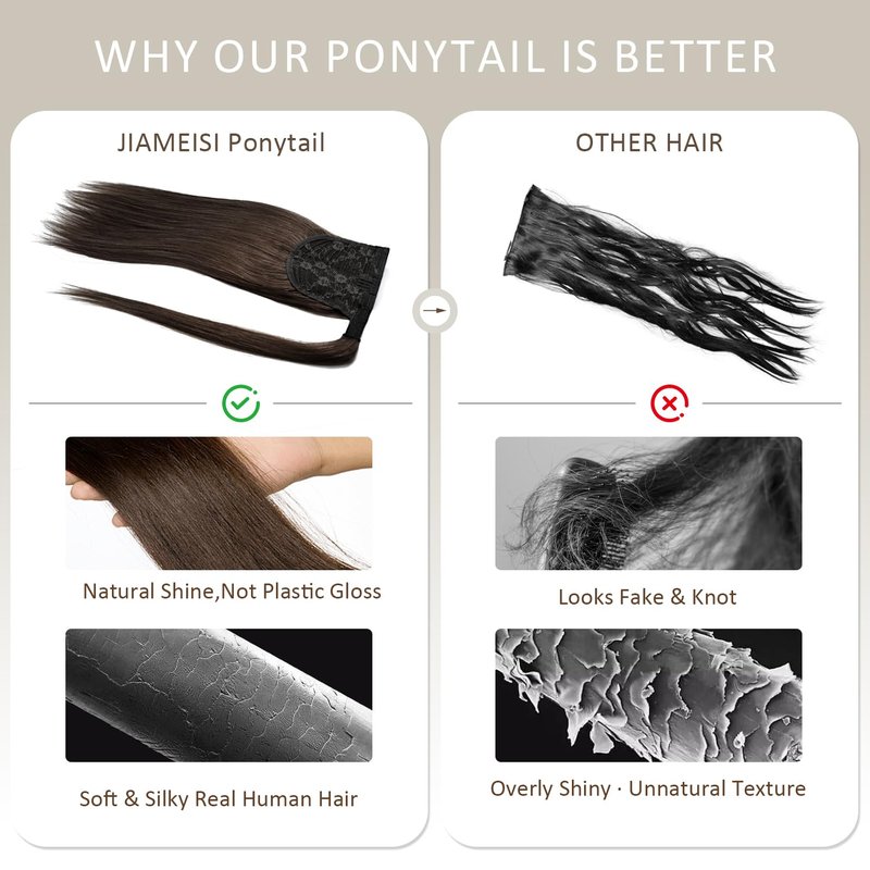 JIAMEISI Ponytail Extension Human Hair Wrap Around Clip in Hair Piece Ponytail Extension Human Hair Straight Ponytail Hair Extensions with Magic Paste 70G 16 Inch #2 Darkest Brown