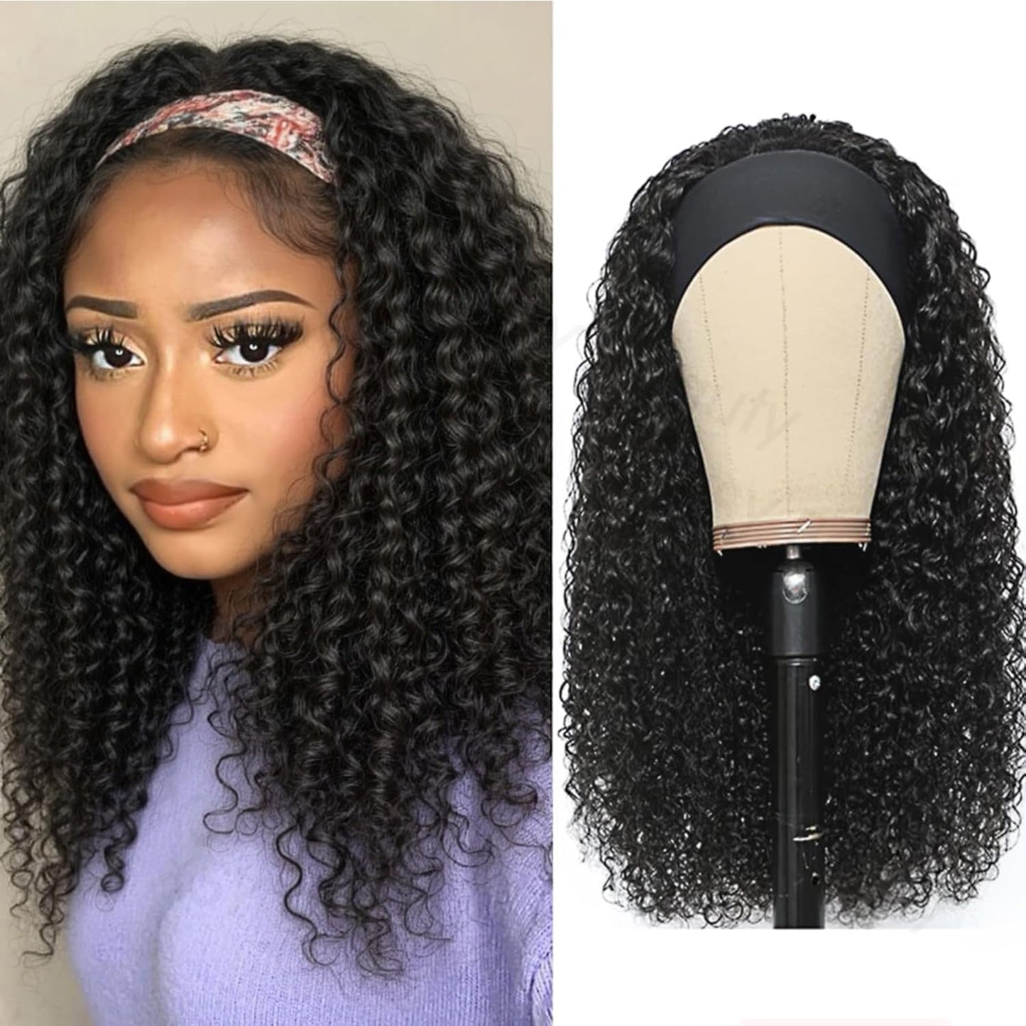 Headband Wig Human Hair 16 Inch Deep Wave Glueless Wig 1B# Natural Color
