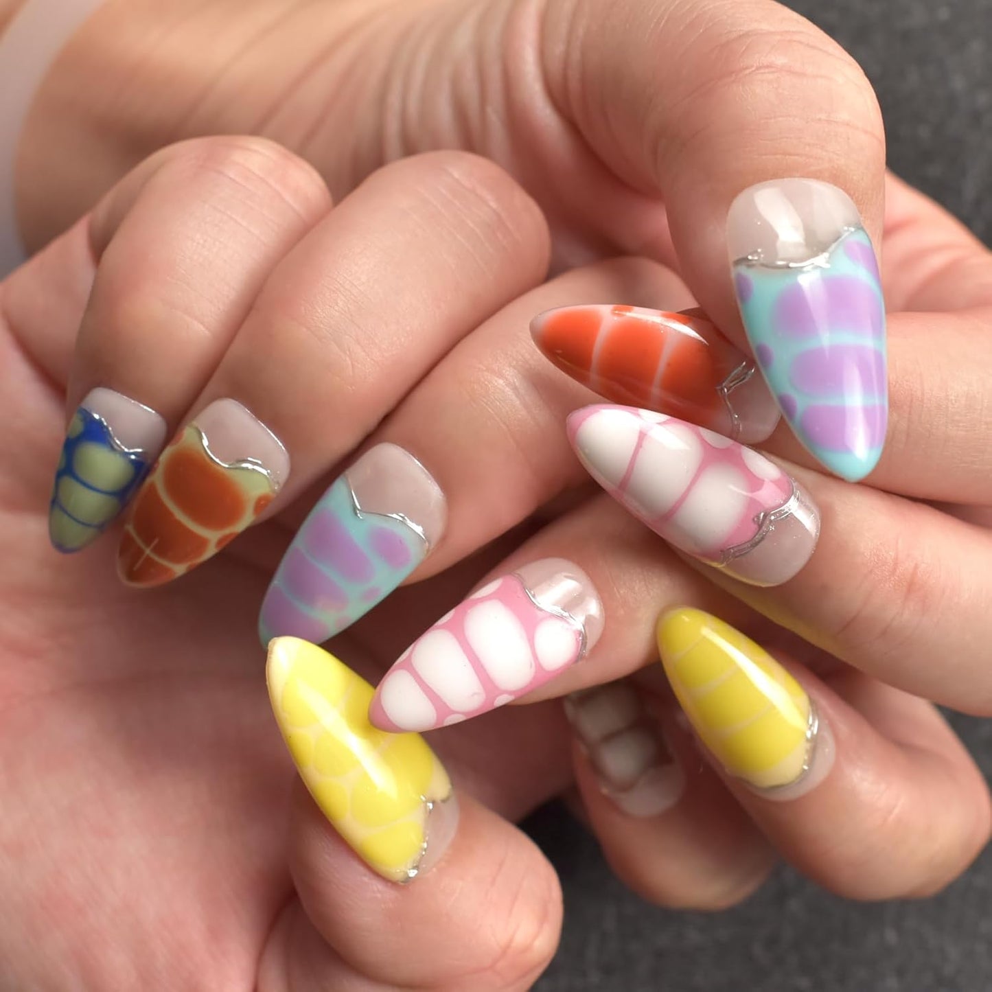 3D Blue Almond Press-On Nails with Carved Flower & Bubble Pearl - Handmade Acrylic Manicure, Medium Size