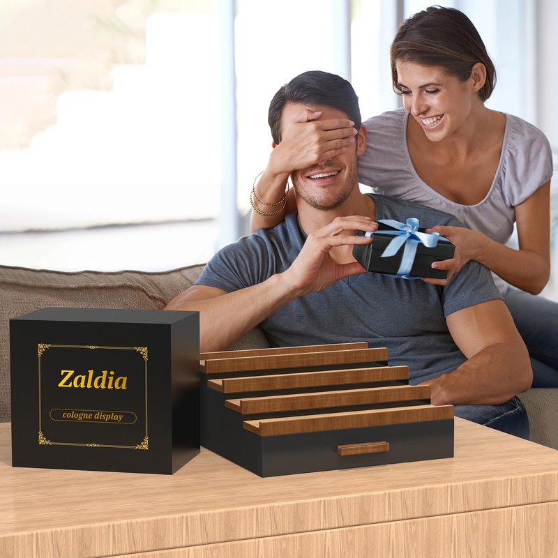 Zaldia Wooden Cologne Organizer for Men 4 Tier of Perfume Display Holder of Drawer & 2 Hidden Compartments Larger Storage Space Mens Perfume Organizer Shelf Stand,Gift for Man (4T-Black Walnut)