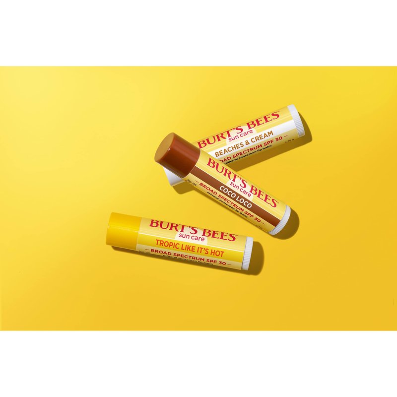 Burts Bees SPF 30 Lip Balm, Island Getaway, Coco Loco, Beaches & Cream, Tropic Like It's Hot, Water-Resistant Sun Care, Natural Origin Lip Treatment, 0.15 oz., Three Tubes