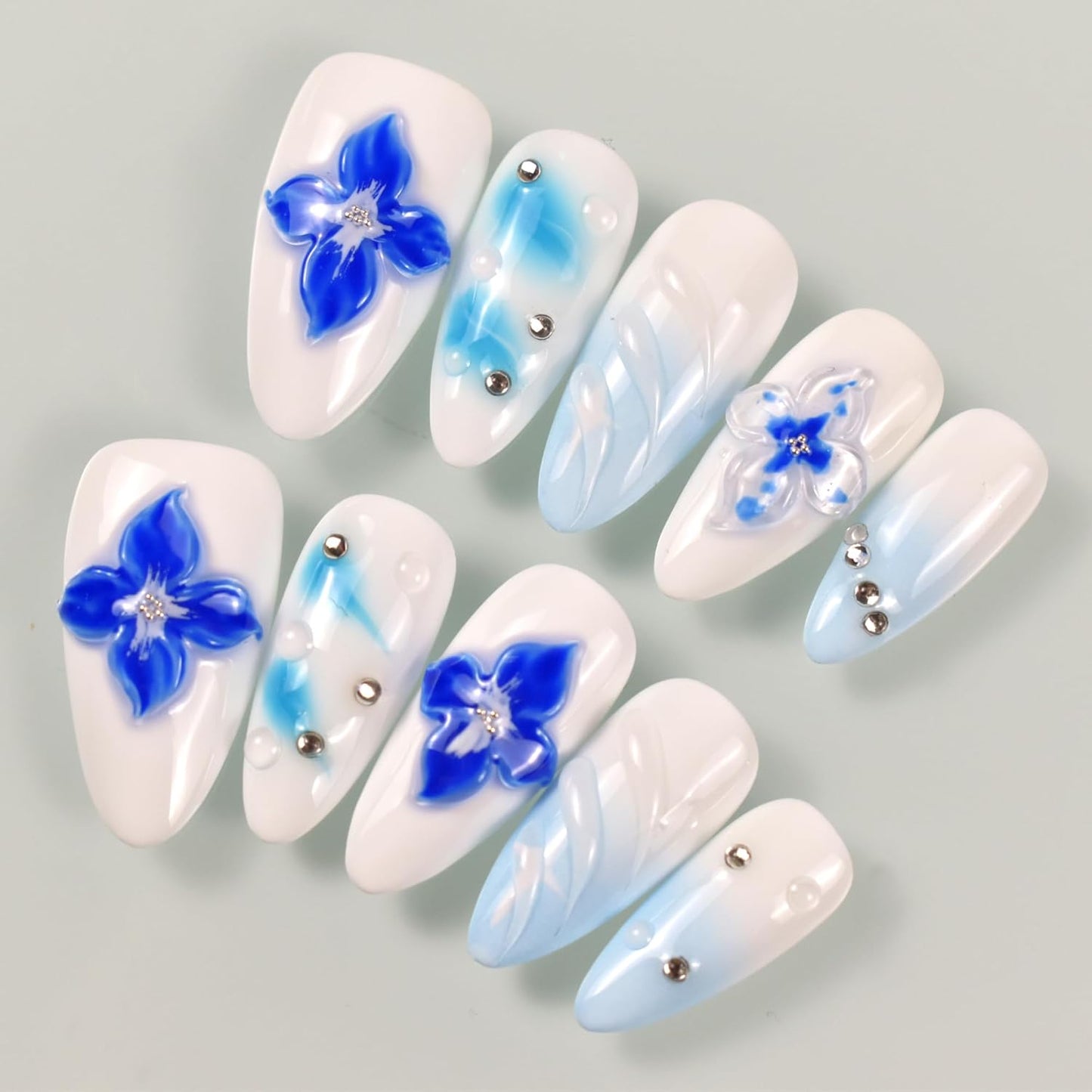3D Blue Almond Press-On Nails with Carved Flower & Bubble Pearl - Handmade Acrylic Manicure, Medium Size