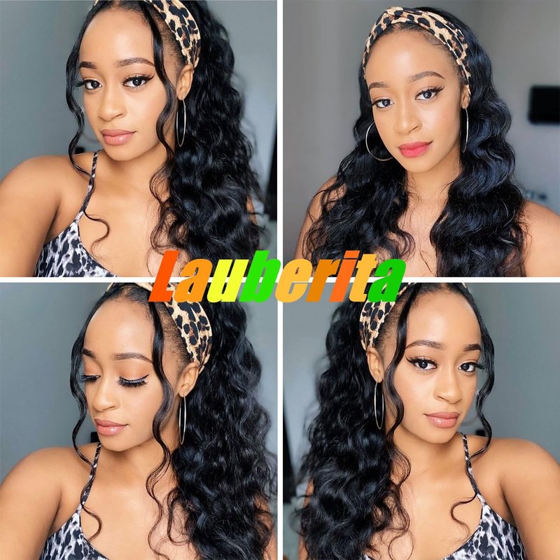 Lauberita Headband Wig Human Hair for Women 18-Inch 180% Density Body Wave Headband Wigs Glueless Human Hair Wig(Body Wave, Natural Black)