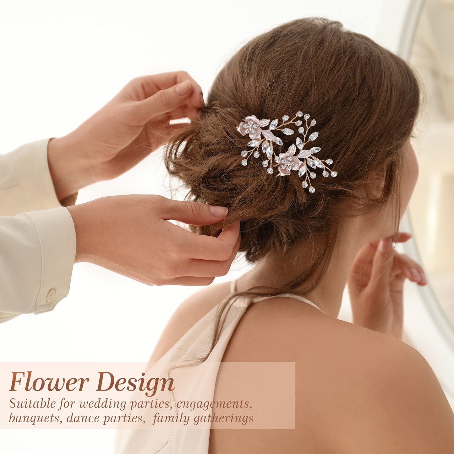 4 Pieces Bridal Rose Gold Hair Accessories for Brides and Bridesmaids Rhinestone Hair Pins Crystal Flower Barrette Wedding Combs with Leaves