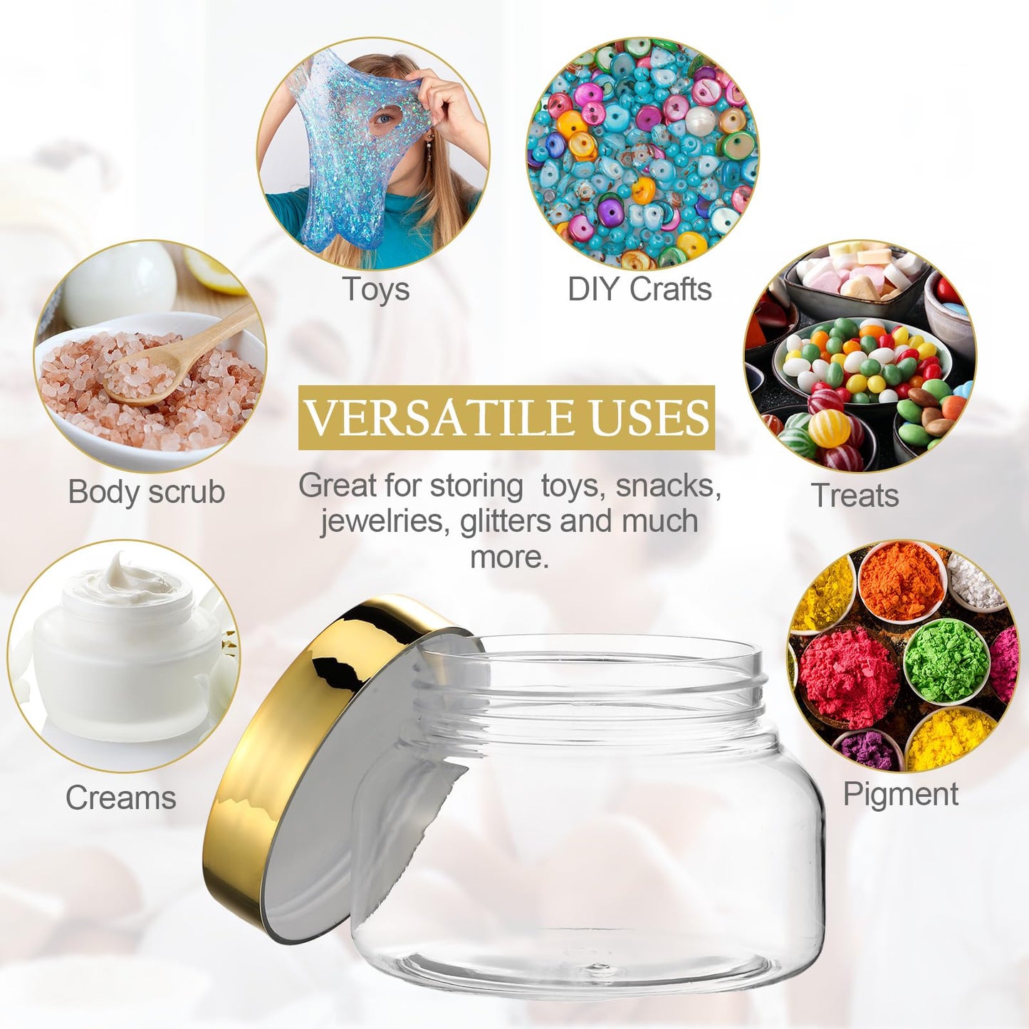 Mumufy 24pcs Plastic Jars with Lids Round Empty Containers Travel Containers for Creams Refillable Cosmetic Jars for Lotions Body Scrub Body Butter (8 oz,Gold,Clear)