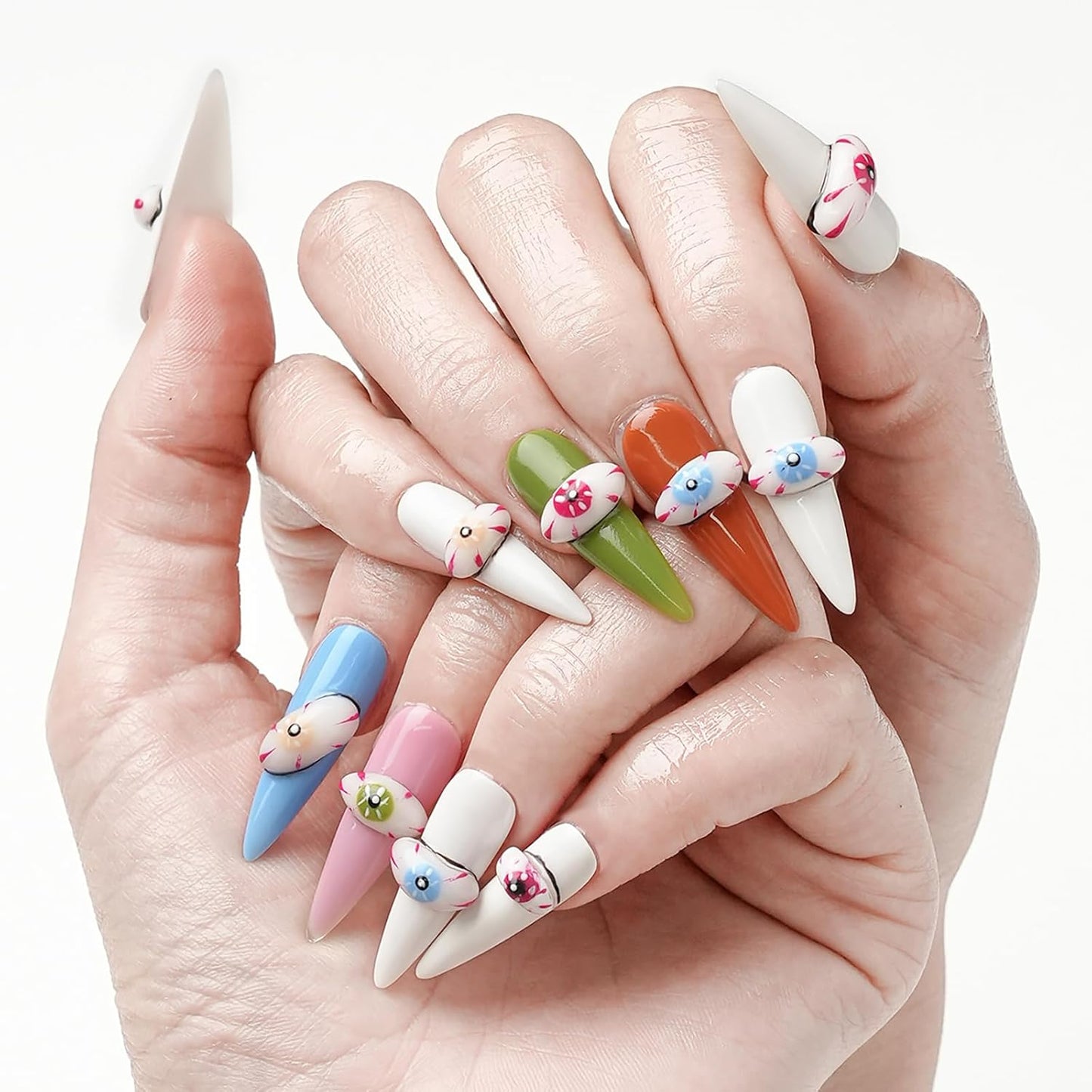 Colorful Handmade Press-On Stiletto Nails with 3D Devil Eyes - 10 Pcs Set for Women