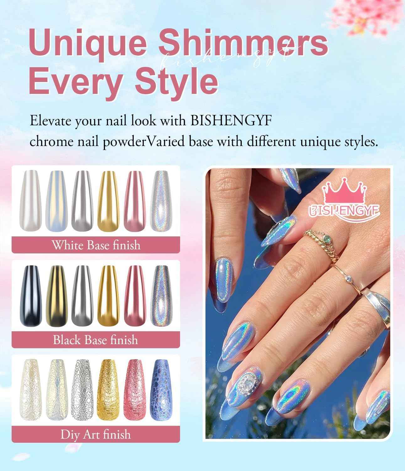Chrome Nail Powder Kit - 12 Pcs Holographic & Iridescent Gel Polish for DIY Manicure