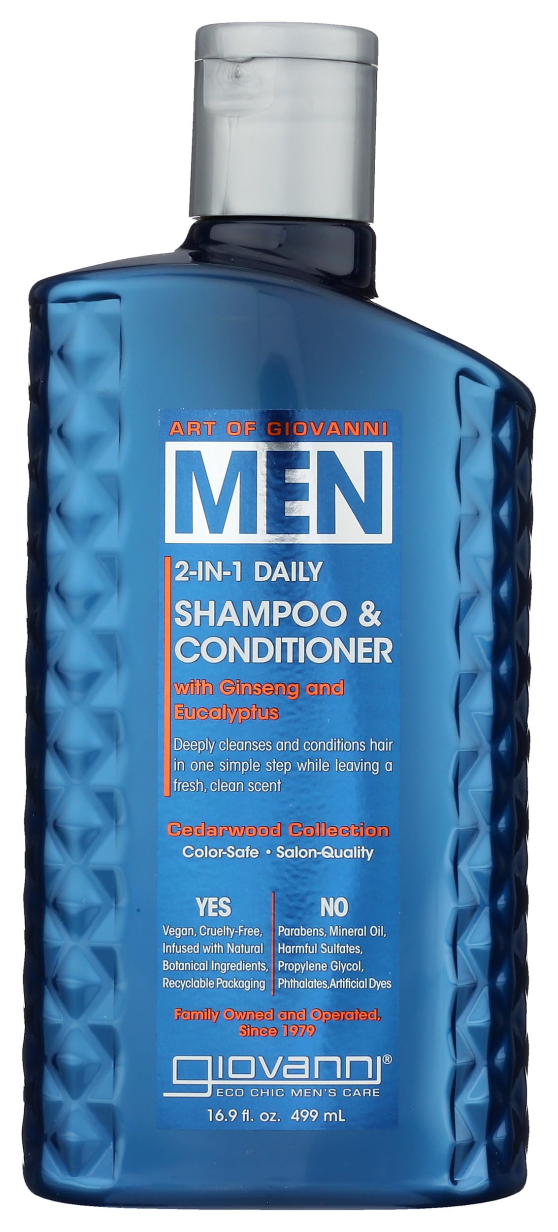 GIOVANNI Men 2 in 1 Daily Shampoo and Conditioner - Ginseng & Eucalyptus Botanicals, Cleansing & Moisturizing Hair Care for Men, Color-Safe, Cruelty-Free, Vegan-Friendly Men's Shampoo - 16.9 Fl Oz